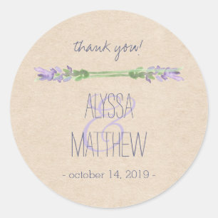 Sweet Rustic Purple Lavender on Kraft Look Wedding Classic Round Sticker