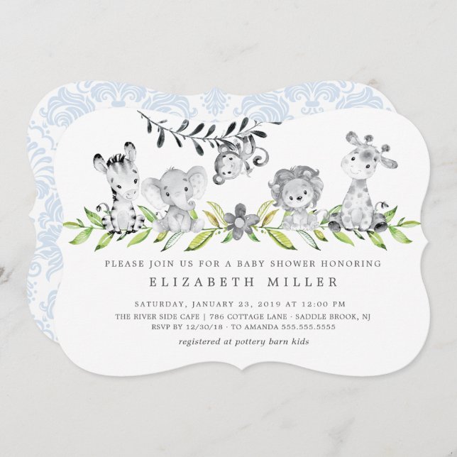 Sweet Safari Animals Boy Baby Shower Invitation (Front/Back)