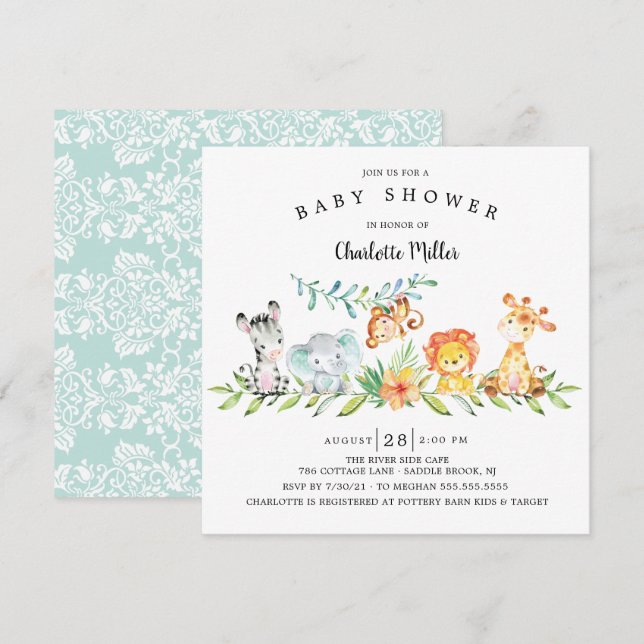 Sweet Safari Animals Gender Neutral Baby Shower In Invitation (Front/Back)