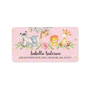 Sweet Safari Animals Girls Baby Shower Address Label