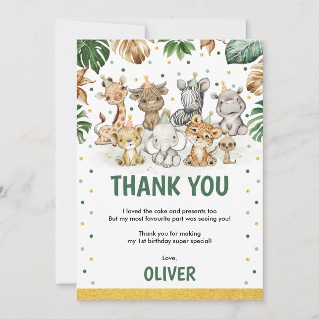 Sweet Safari Animals Jungle Greenery Birthday Boy Thank You Card (Front)