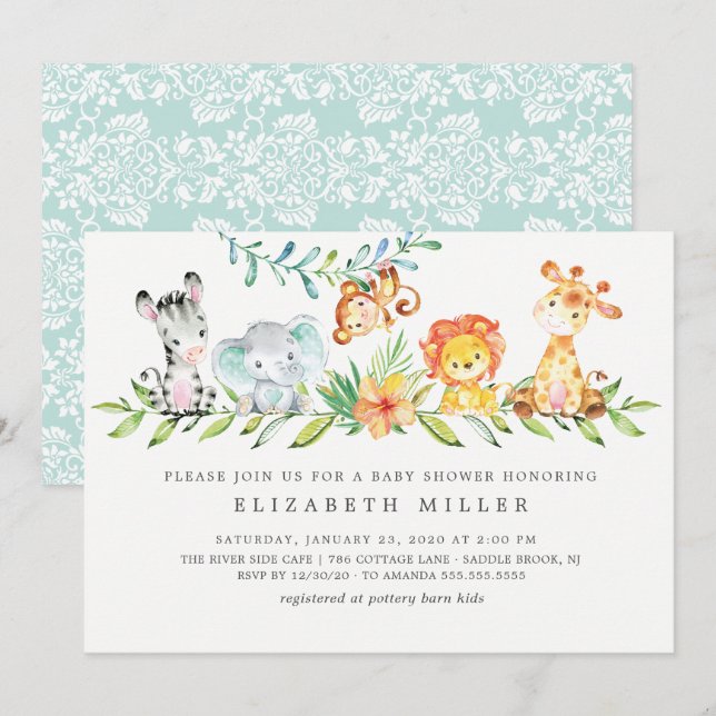Sweet Safari Animals Neutral Baby Shower Invitation (Front/Back)