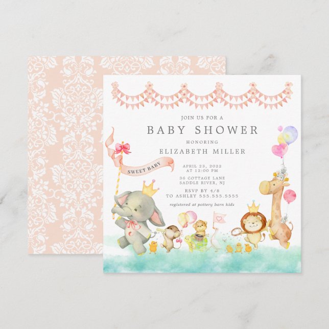 Sweet Safari Animals Parade Baby Shower Invitation (Front/Back)