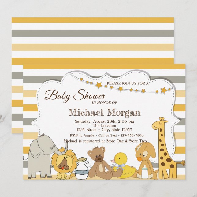 Sweet  Safari Animals Striped Baby Shower Invitation (Front/Back)