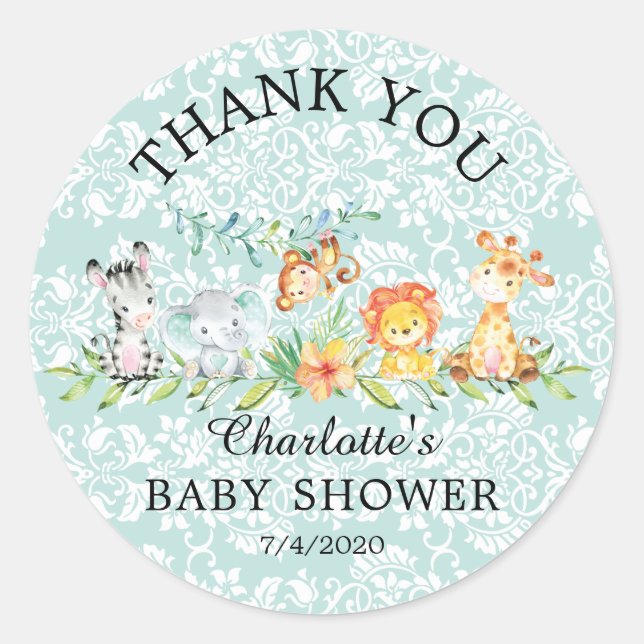 Sweet Safari Animals Thank You Baby Favour Sticker (Front)