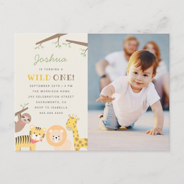 Sweet Safari Animals Wild One Photo 1st Birthday Invitation Postcard (Front)