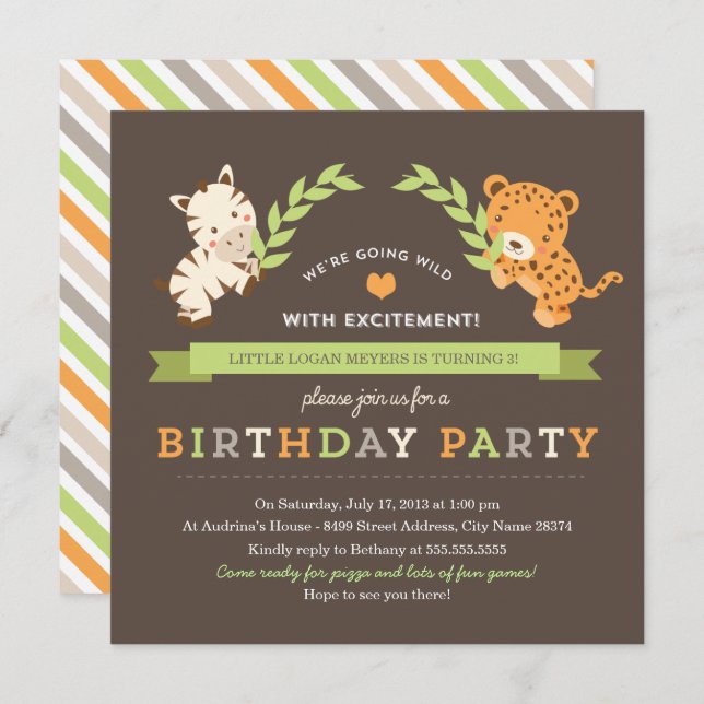 Sweet Safari Birthday Party Invitation (Front/Back)