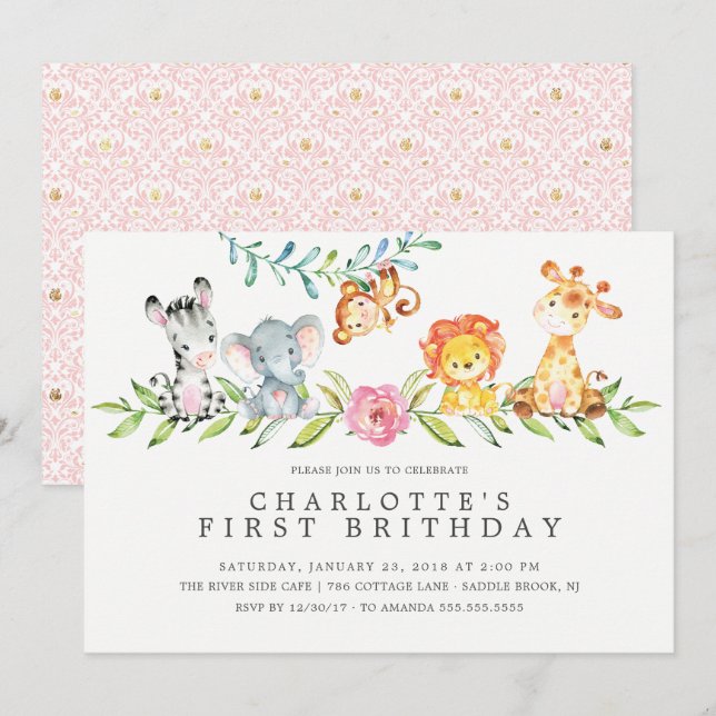 Sweet Safari Girls Birthday Invitation (Front/Back)