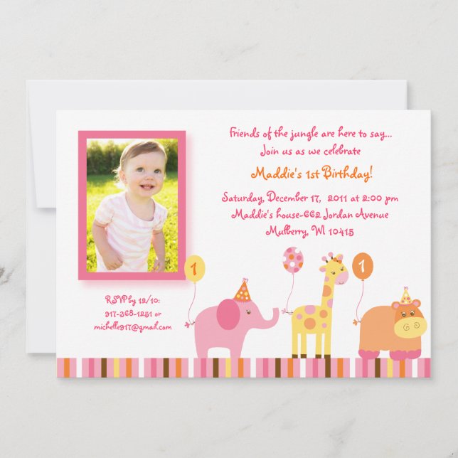 Sweet Safari Jungle Animal Birthday Invitations (Front)