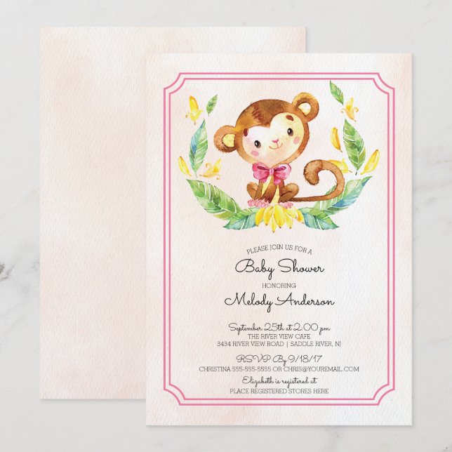 Sweet Safari Monkey Girls Baby Shower Invitation (Front/Back)