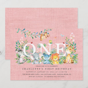 Sweet Safari ONE Girls 1ST Birthday Invitation