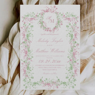 Sweet Sage Green & Blush  Floral Crest Wedding Invitation