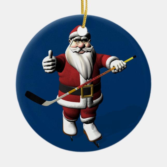 Sweet Santa Claus Loves Ice Hockey Ceramic Tree Decoration (Front)