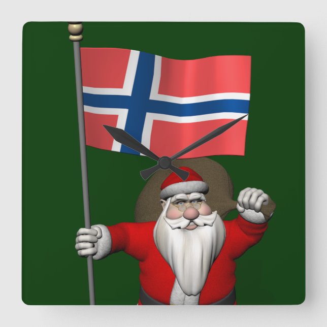 Sweet Santa Claus With Ensign Of Norway Square Wall Clock (Front)