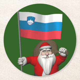 Sweet Santa Claus With Ensign Of Slovenia Round Paper Coaster