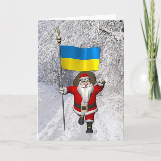 Sweet Santa Claus With Ensign Of The Ukraine Holiday Card (Front)