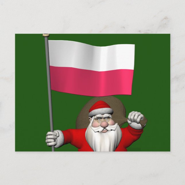 Sweet Santa Claus With Flag Of Poland Holiday Postcard (Front)