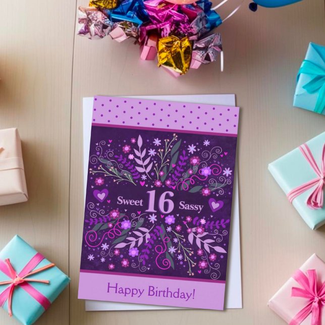 Sweet Sassy 16 Birthday Floral Purple Inspirivity Card (Creator Uploaded)