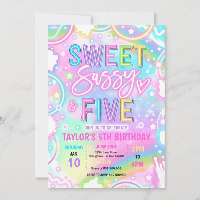 Sweet Sassy And Five Neon Rainbow 5th Birthday Invitation (Front)