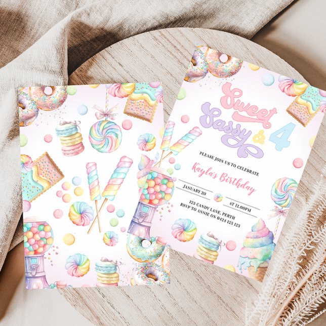 Sweet Sassy and FOUR Pastel Candyland 4th Birthday Invitation (Creator Uploaded)