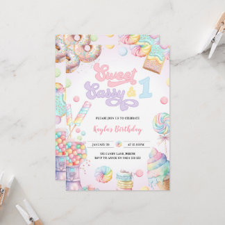 Sweet Sassy and One Pastel Candy First Birthday Invitation