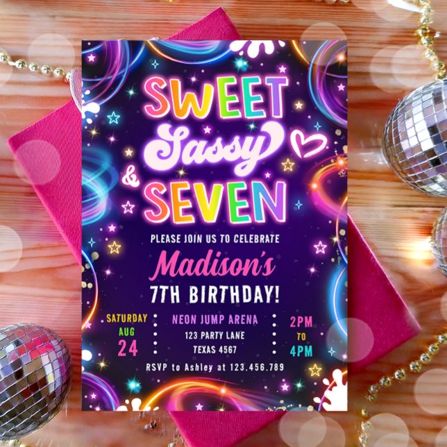 Sweet Sassy and Seven 7th Neon Glow Girl Birthday Invitation (Creator Uploaded)