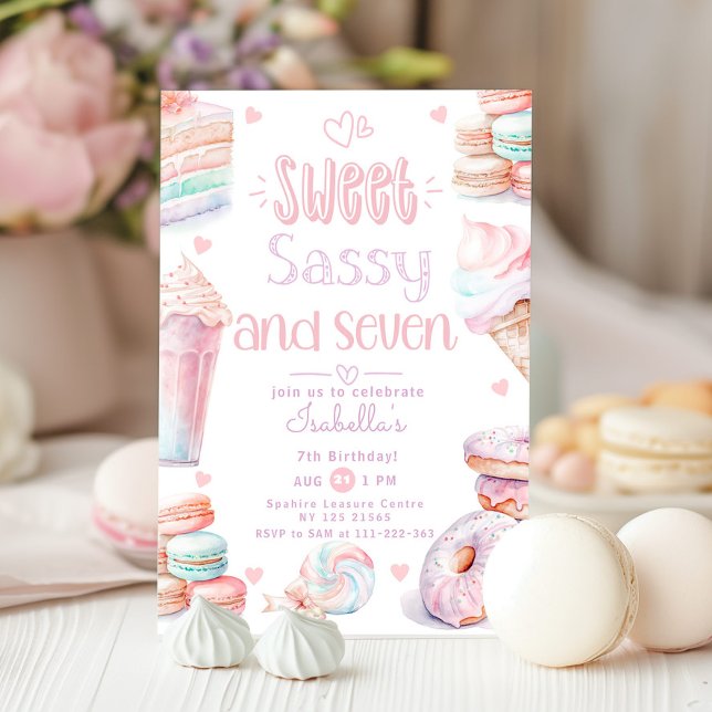 Sweet sassy and seven pastel sweets 7th birthday invitation (Creator Uploaded)