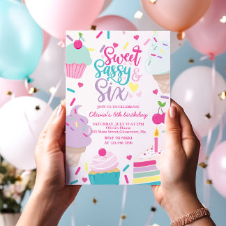 Sweet Sassy and Six Ice Cream and Cake Birthday Invitation