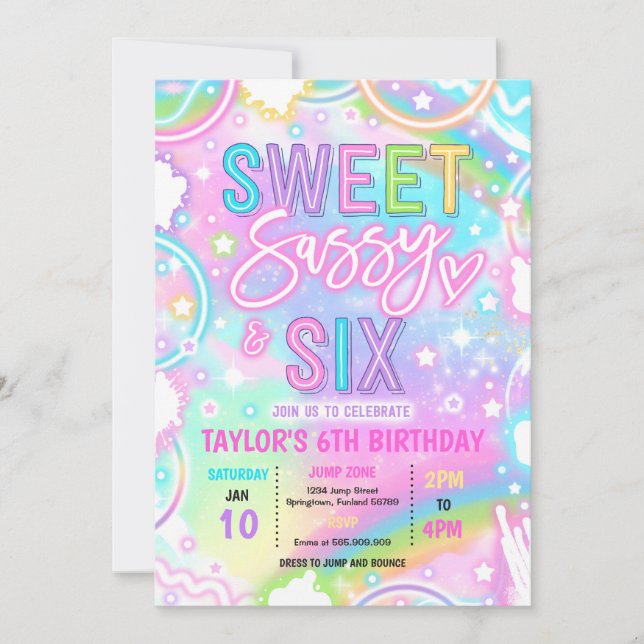 Sweet Sassy And Six Neon Rainbow 6th Birthday Invitation (Front)