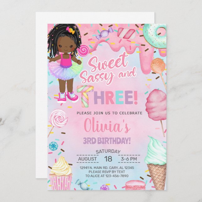 Sweet sassy and three girl 3rd birthday invitation (Front/Back)