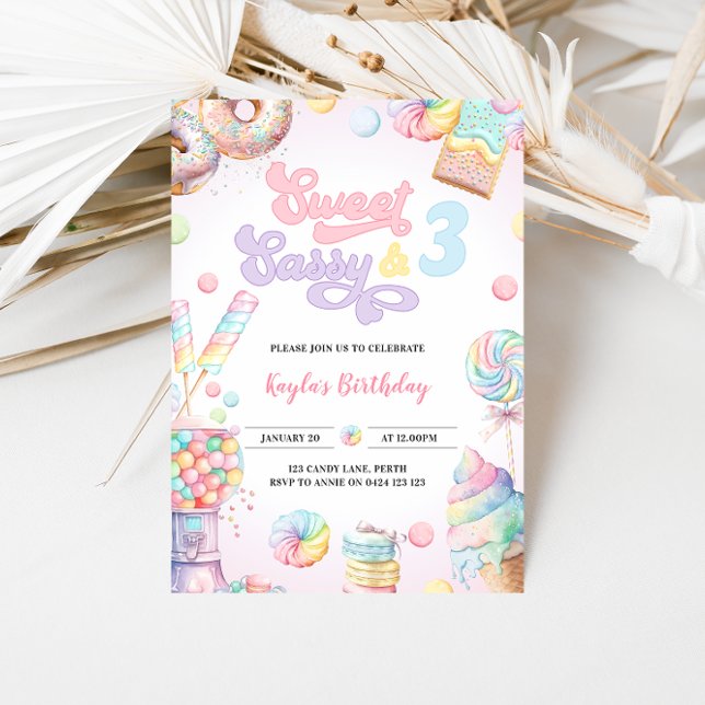 Sweet Sassy and THREE Pastel Candy 3rd Birthday Invitation (Creator Uploaded)