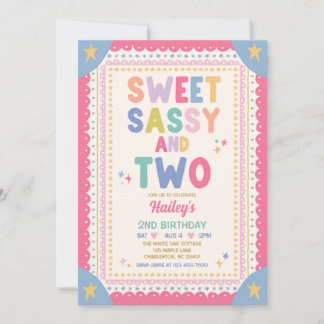 Sweet Sassy And Two Whimsical Girl 2nd Birthday Invitation