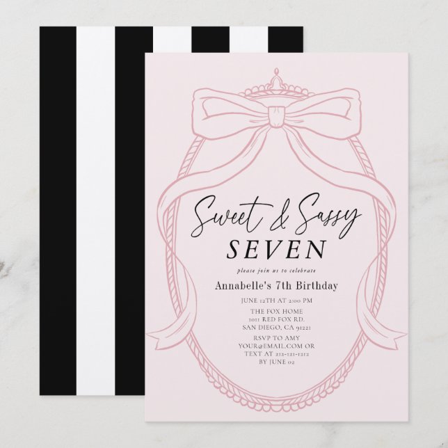 Sweet & Sassy Pink Tiara & Bow Girl Birthday Invitation (Front/Back)