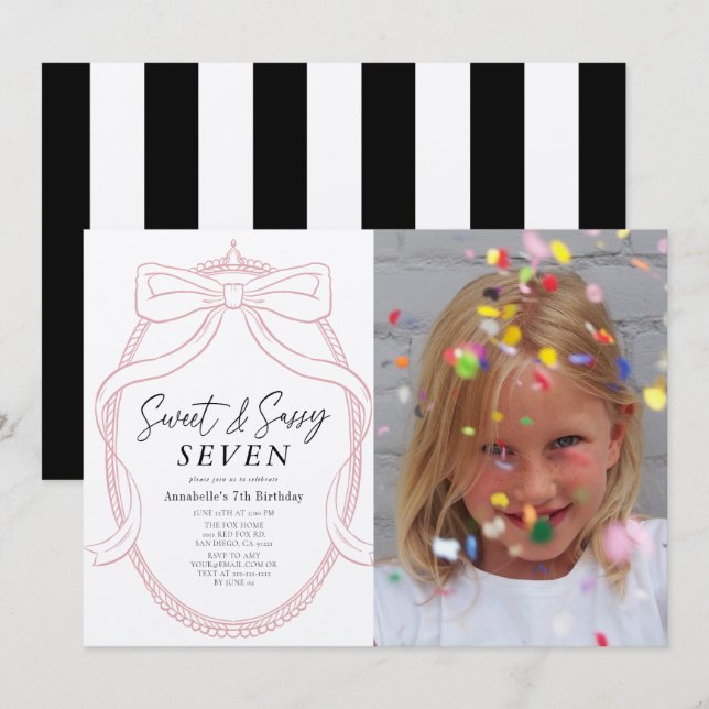 Sweet & Sassy Pink Tiara & Bow Girl Photo Birthday Invitation (Front/Back)