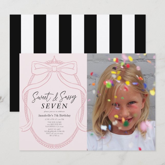 Sweet & Sassy Pink Tiara & Bow Girl Photo Birthday Invitation (Front/Back)
