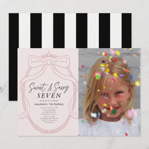 Sweet & Sassy Pink Tiara & Bow Girl Photo Birthday Invitation
