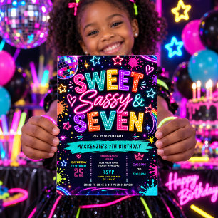 Sweet, Sassy & Seven: Neon Glow 7th Birthday Invitation
