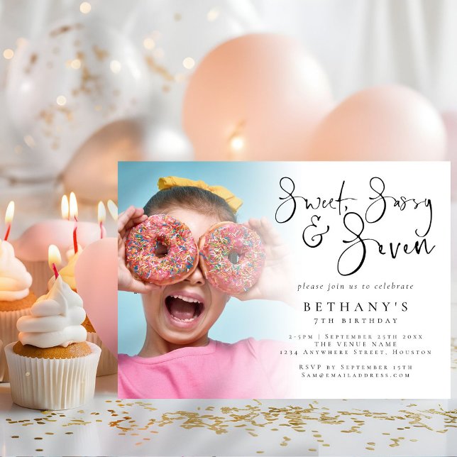 Sweet Sassy Seven Photo Overlay Girl 7th Birthday Invitation (Creator Uploaded)