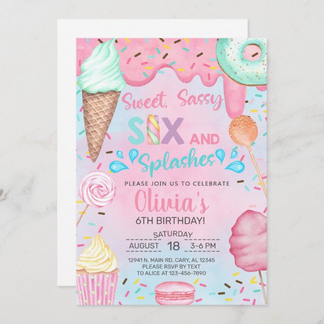 Sweet sassy six and splashes pool birthday. invitation (Front/Back)