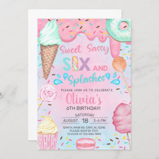 Sweet sassy six and splashes pool birthday. invitation