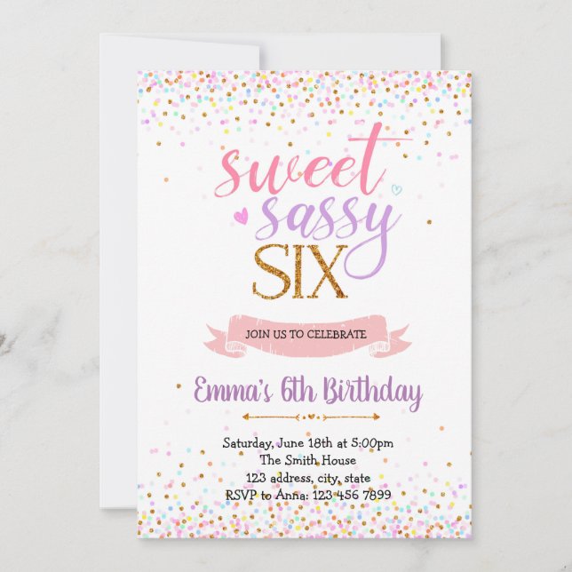 Sweet sassy six birthday party theme invitation (Front)