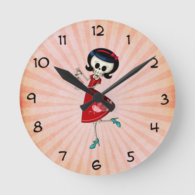 Sweet & Scary Skeleton Girl Round Clock (Front)