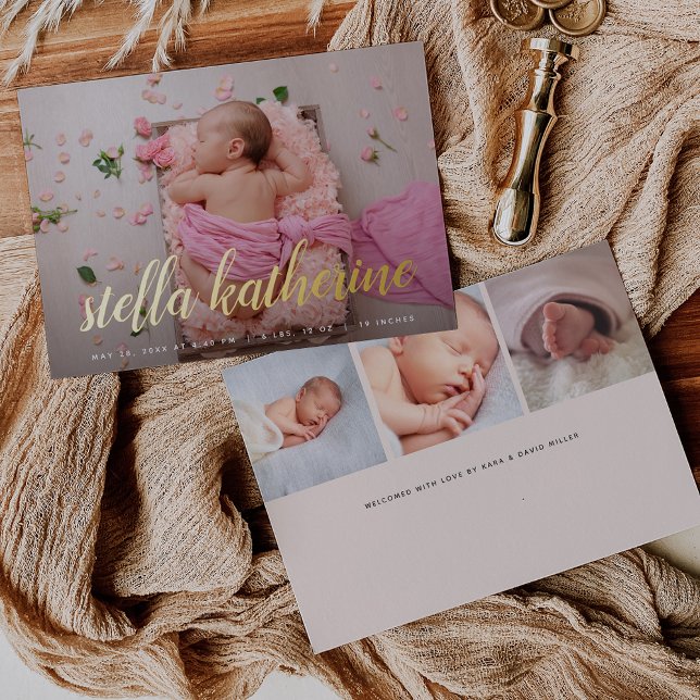 Sweet Script Photo Collage Foil Birth Announcement (Creator Uploaded)