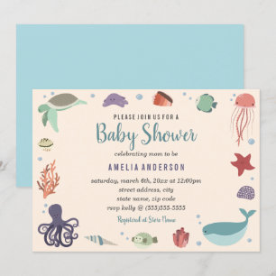 Sweet Sea Creatures Blue Coral Baby Shower Invitation