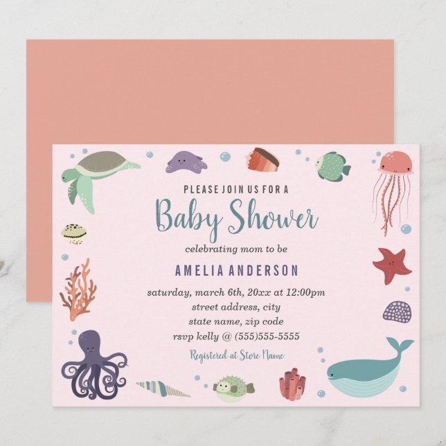 Sweet Sea Creatures Coral Baby Shower Invitation (Front/Back)