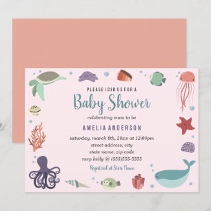 Sweet Sea Creatures Coral Baby Shower Invitation
