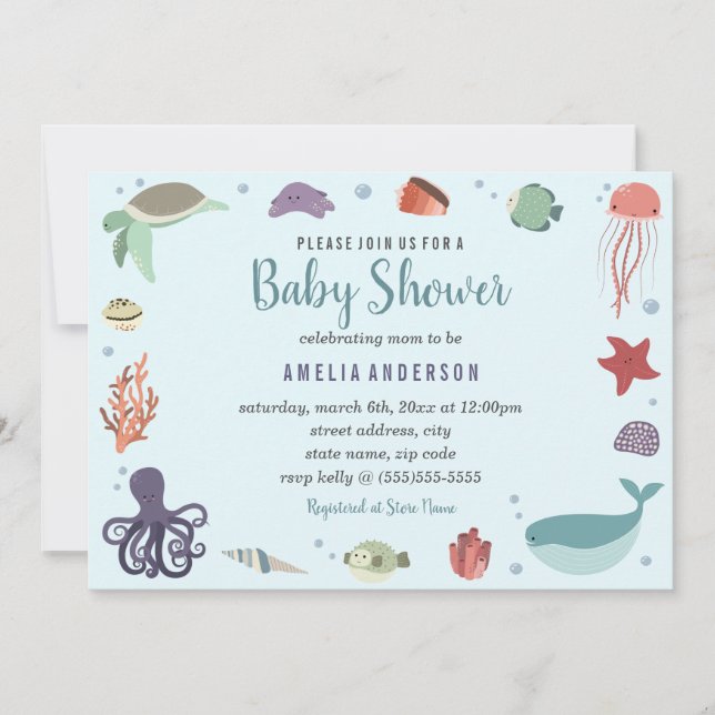 Sweet Sea Creatures Coral Blue Baby Shower Invitation (Front)