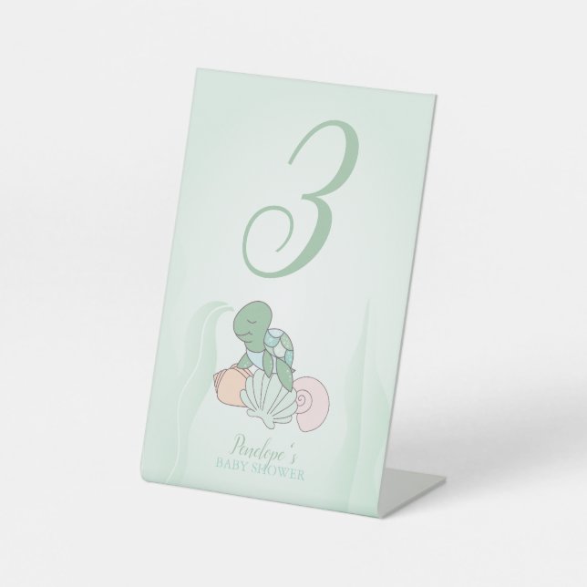 Sweet Sea Turtle Baby Shower Table Number Pedestal Sign (Front)