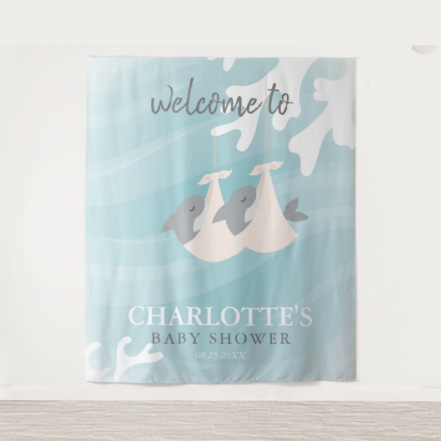 Sweet Shark Baby Twins Baby Shower Tapestry (Front)