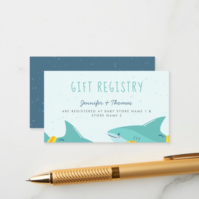 Sweet Shark Summer Boy Baby Shower Gift Registry Enclosure Card (Front/Back In Situ)